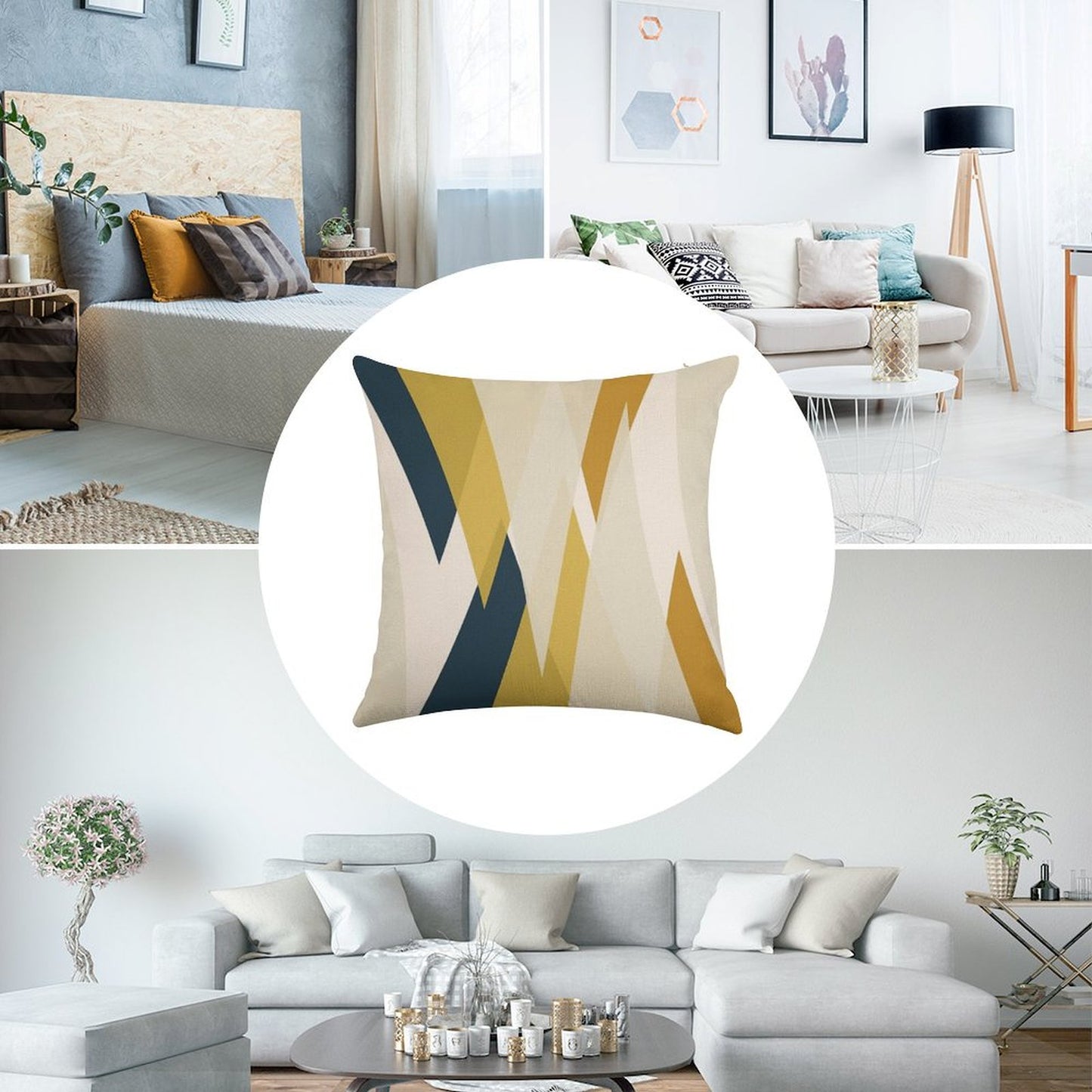 Triangular Abstract in Mustard Yellows, Navy Blue, And Blush Tones. Minimalist Geometric Linen Throw Pillow Cover