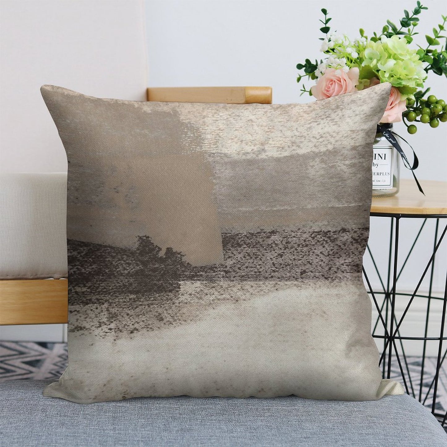 Taupe And Charcoal Grey Horizontal Modern Abstract Painting Linen Throw Pillow Cover