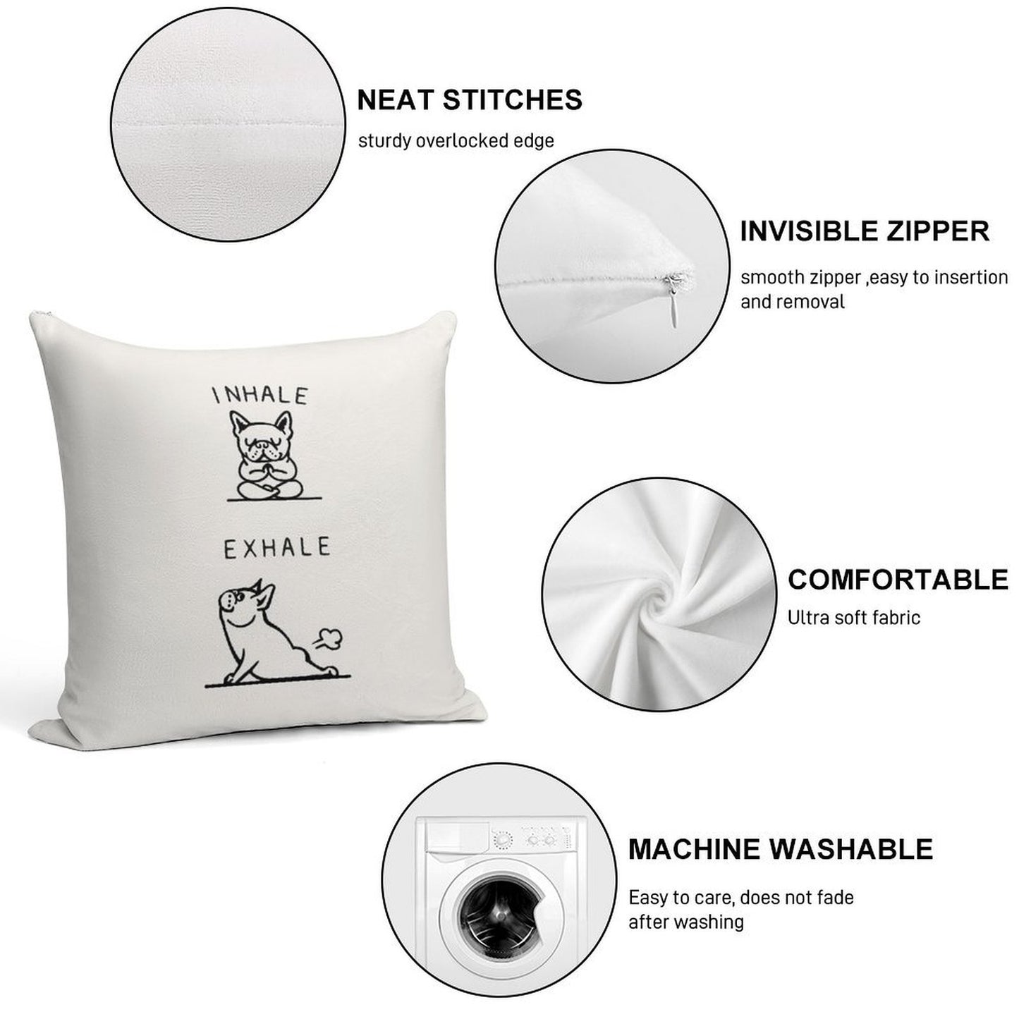 Inhale Exhale Frenchie Soft Reinforced Edging Throw Pillow