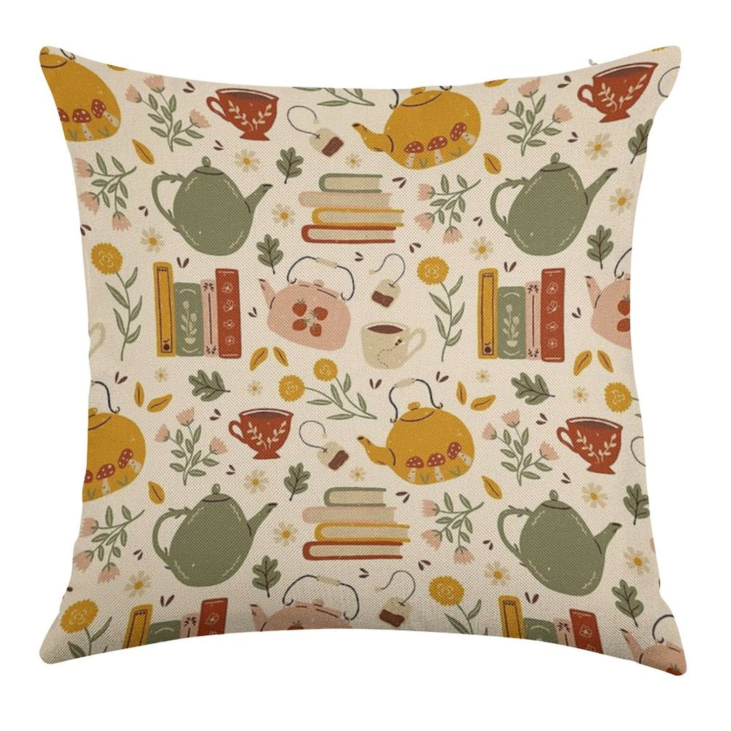 Flowery Books And Tea Linen Throw Pillow Cover
