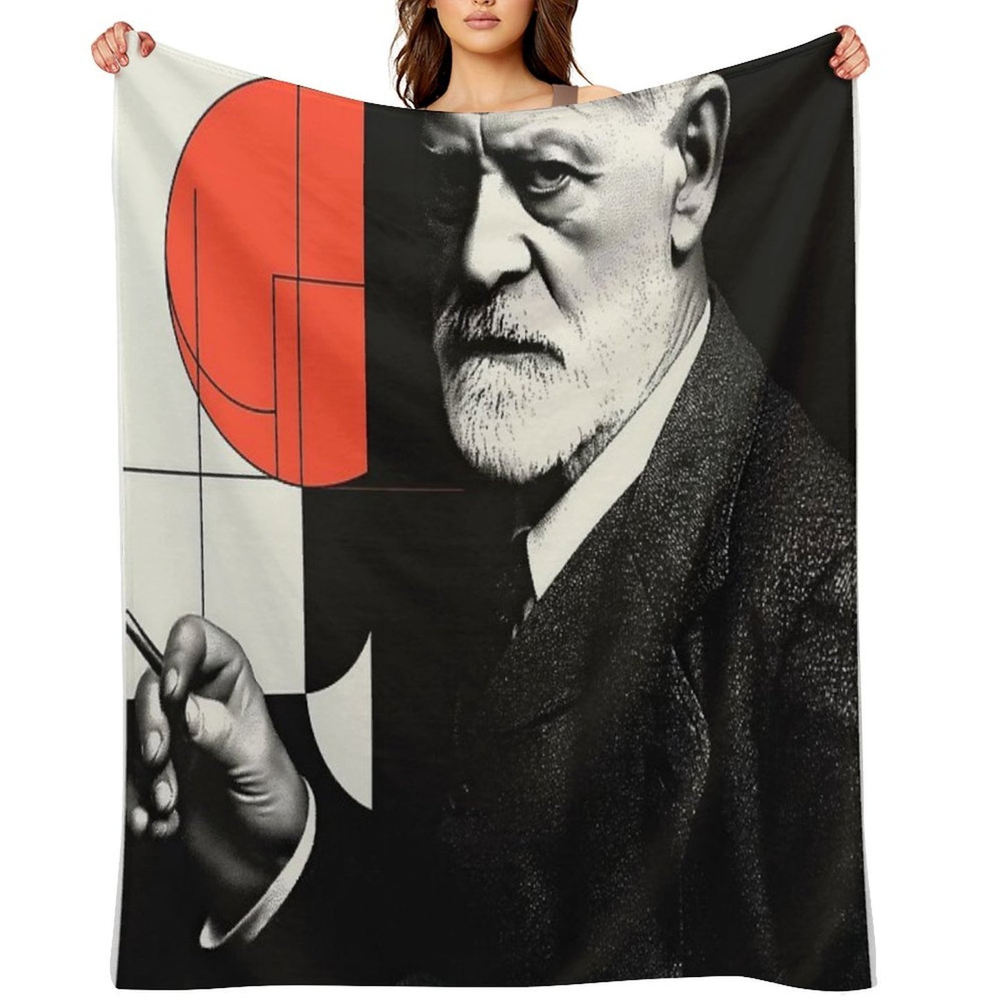 Psychoanalysis Portrait Art – Freud with Abstract Red Geometry Throw Blanket