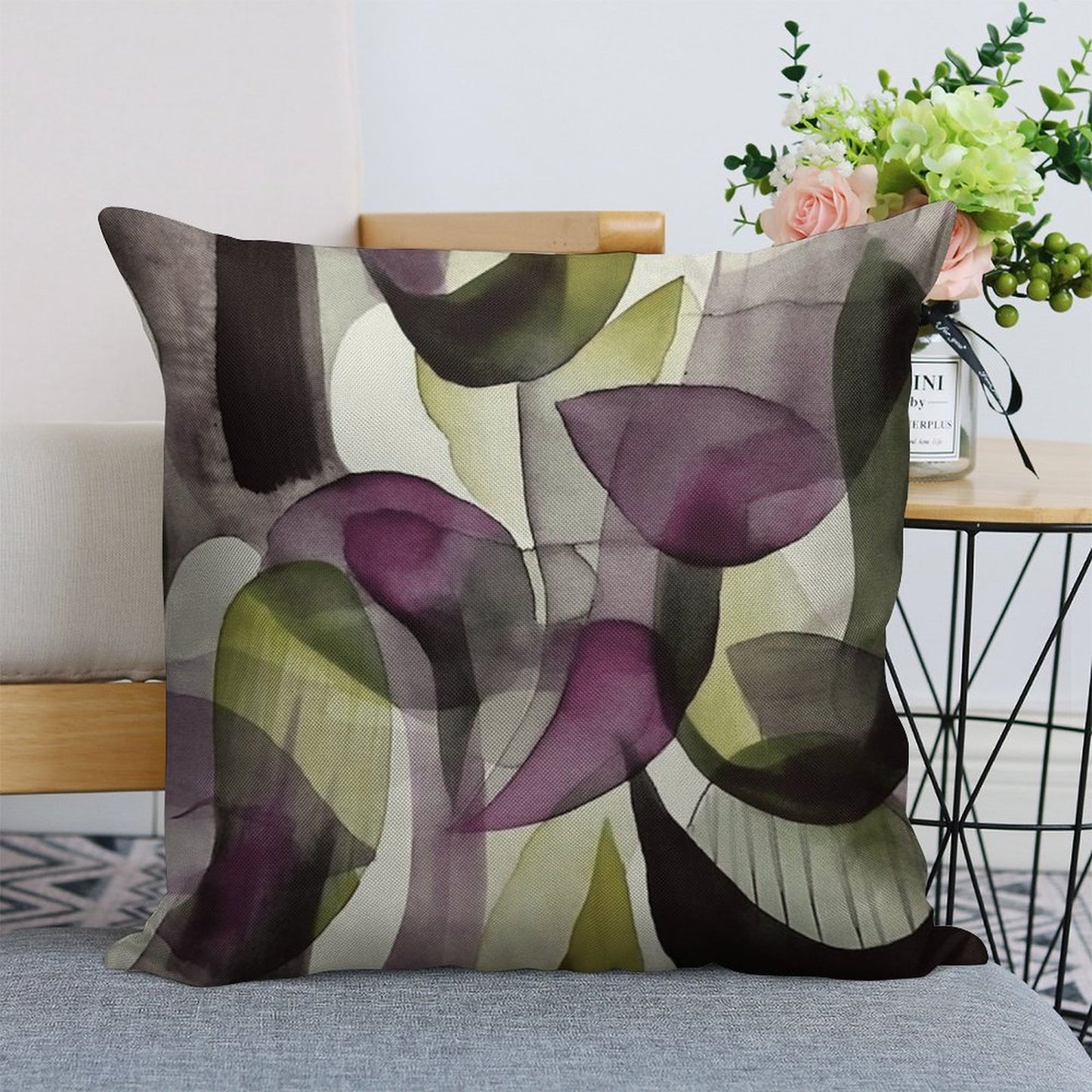 Abstract Watercolor in Purple And Green Linen Throw Pillow Cover