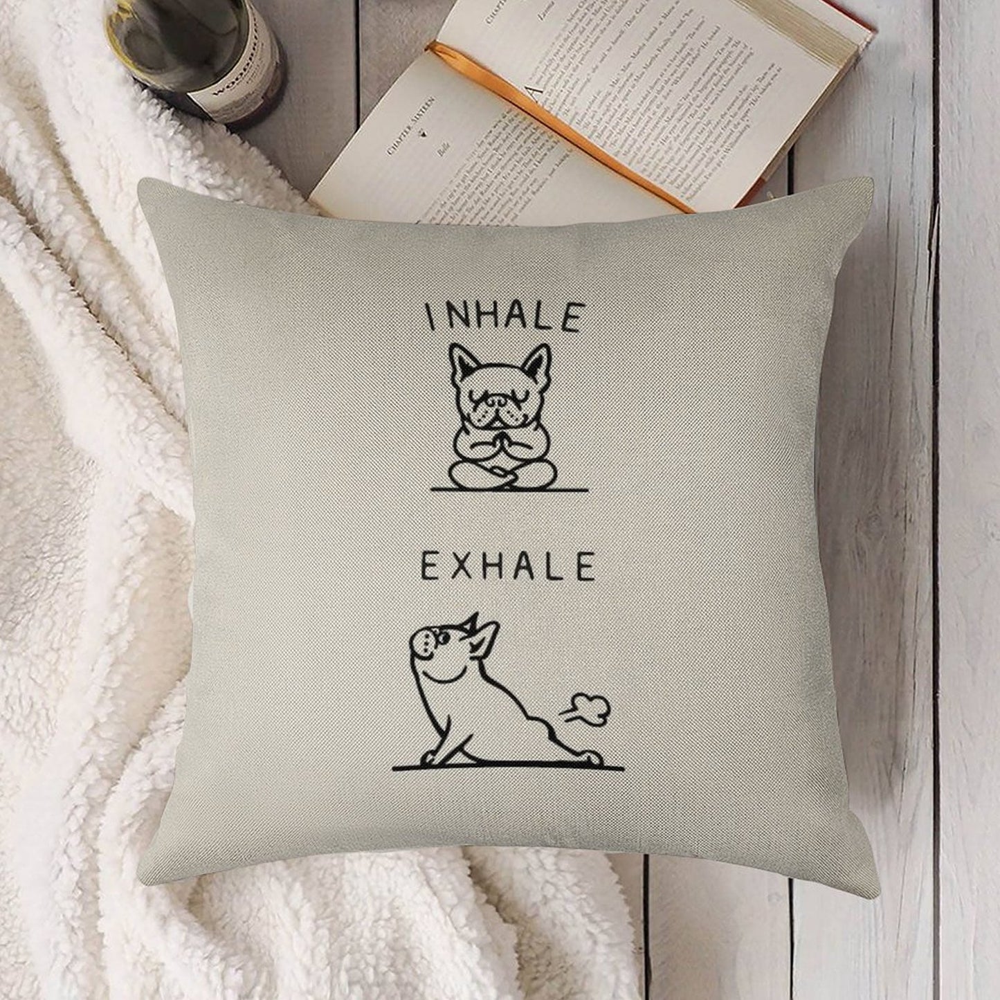 Inhale Exhale Frenchie Linen Throw Pillow Cover