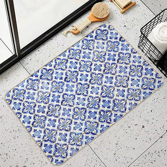 Portuguese Tiles. Blue Flowers And Leaves Bath Mat
