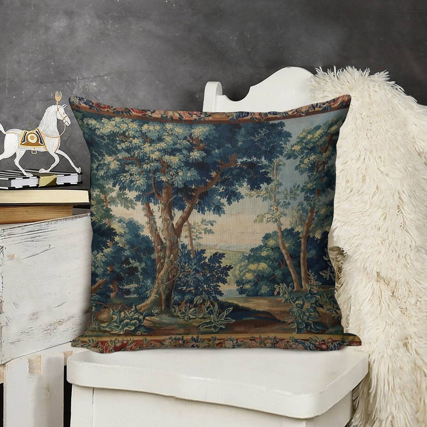 GREENERY, TREES IN WOODLAND LANDSCAPE Antique Flemish Tapestry Linen Throw Pillow Cover