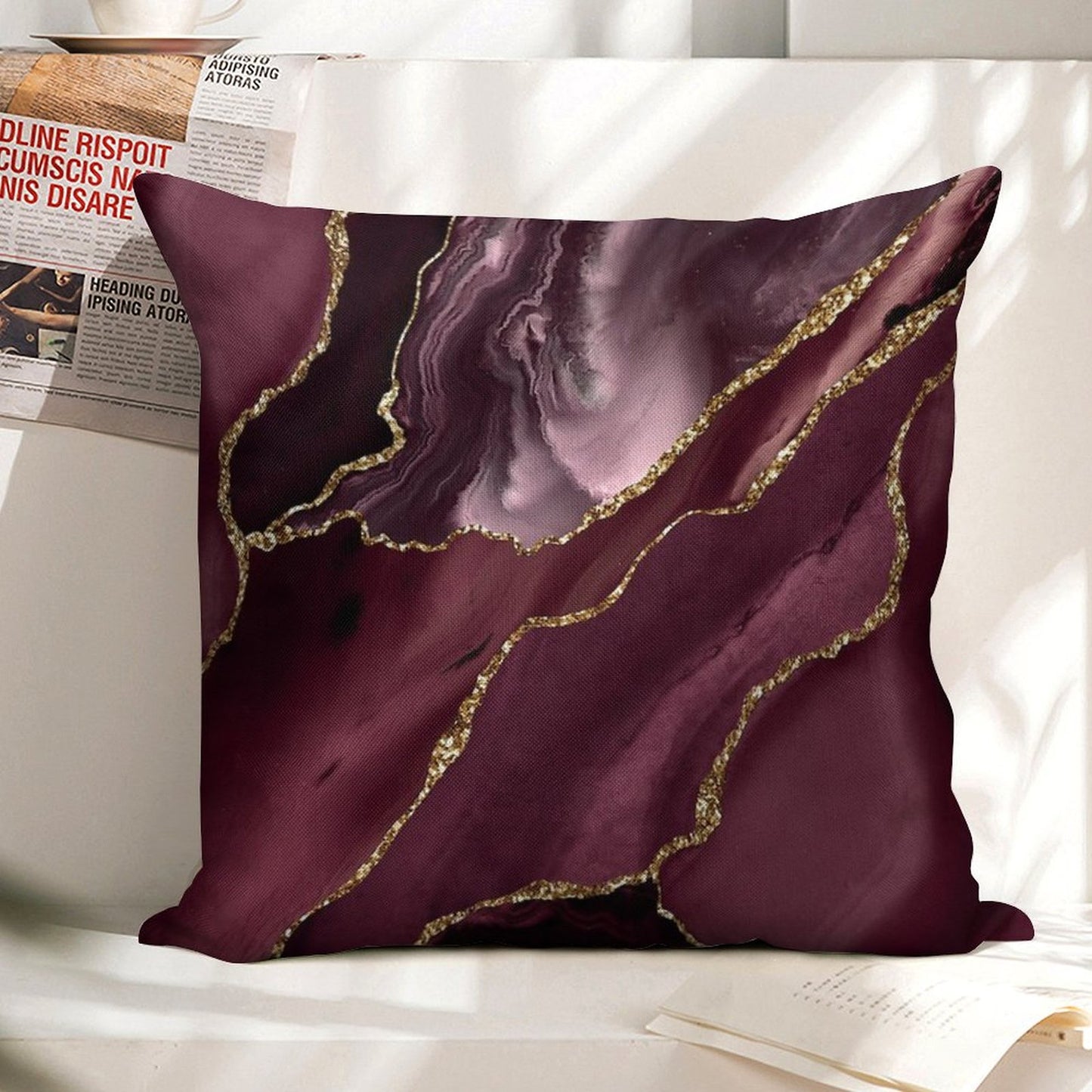 Burgundy Maroon Geode Agate Linen Throw Pillow Cover