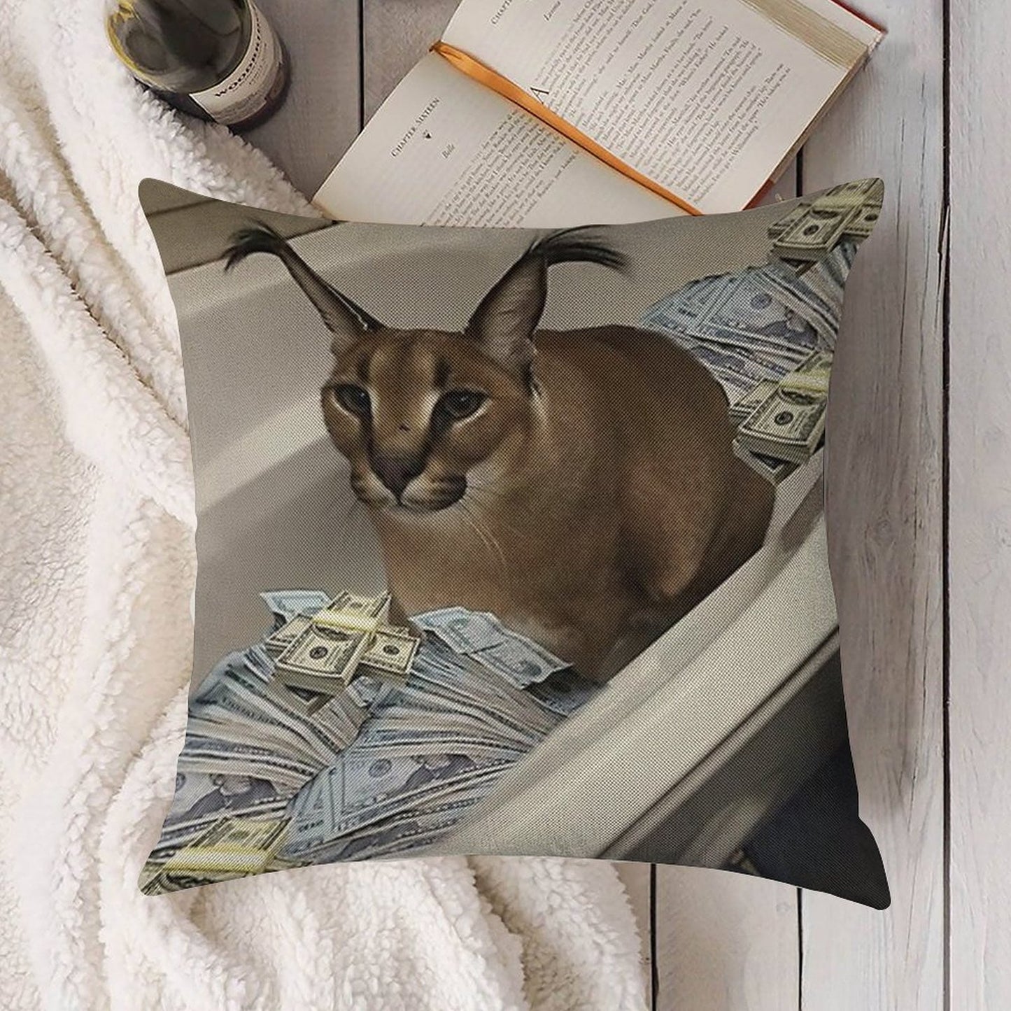 Big Floppa Cash Linen Throw Pillow Cover