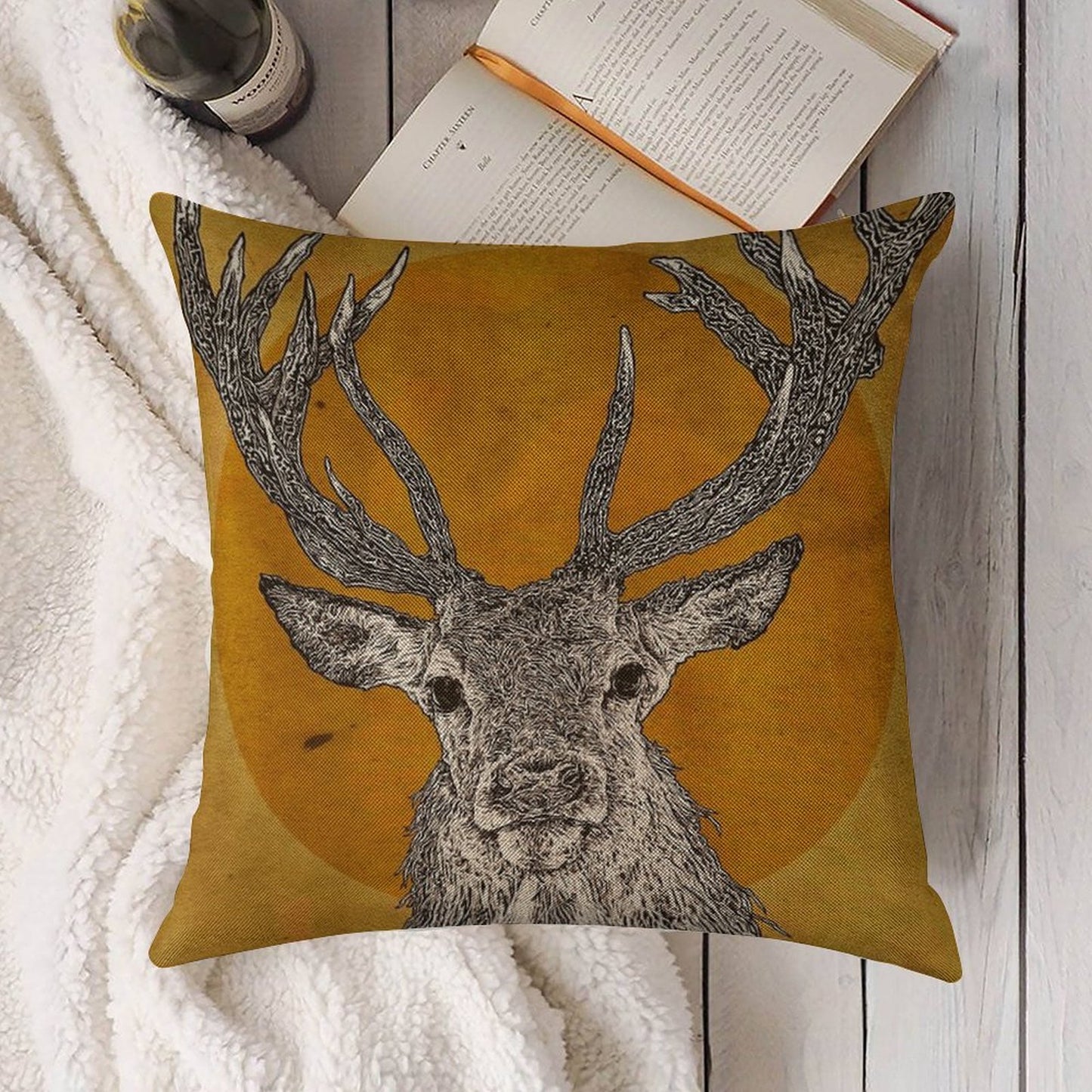 Wild Stag's Head Linen Throw Pillow Cover