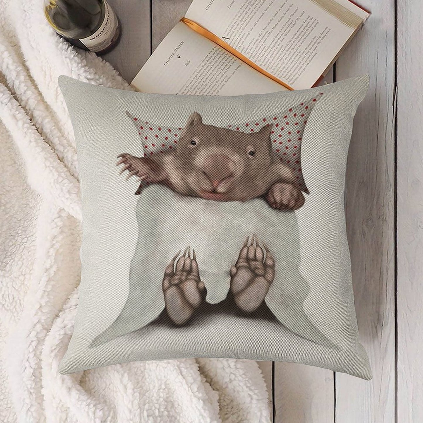 Wombat in Bed Linen Throw Pillow Cover