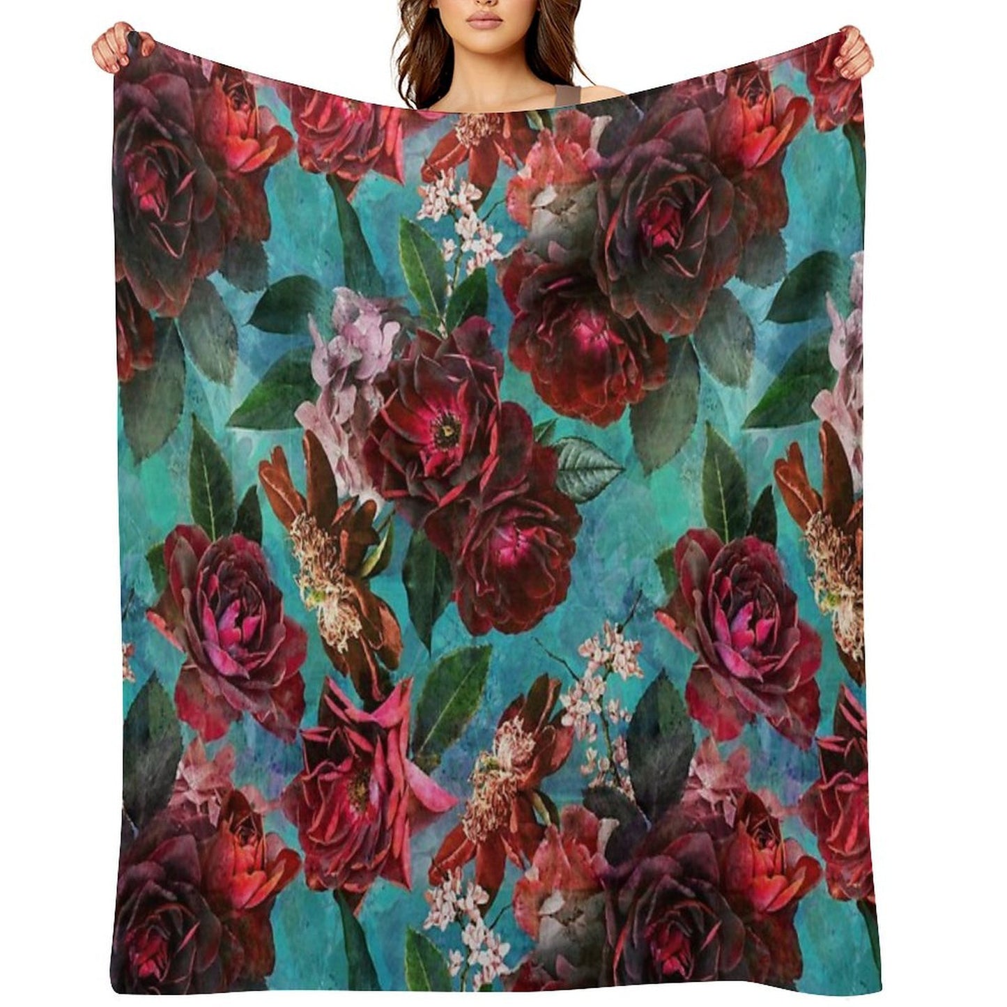Turquoise Vintage Summer Roses Botanical Garden NightGarden Throw Blanket