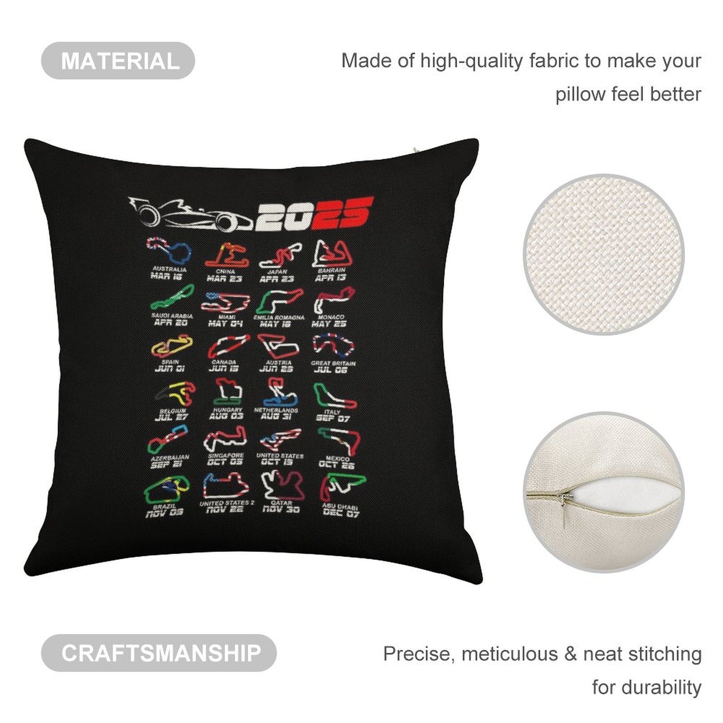 Calendar Formula Race Cars 2025 Circuits Colors Linen Throw Pillow Cover