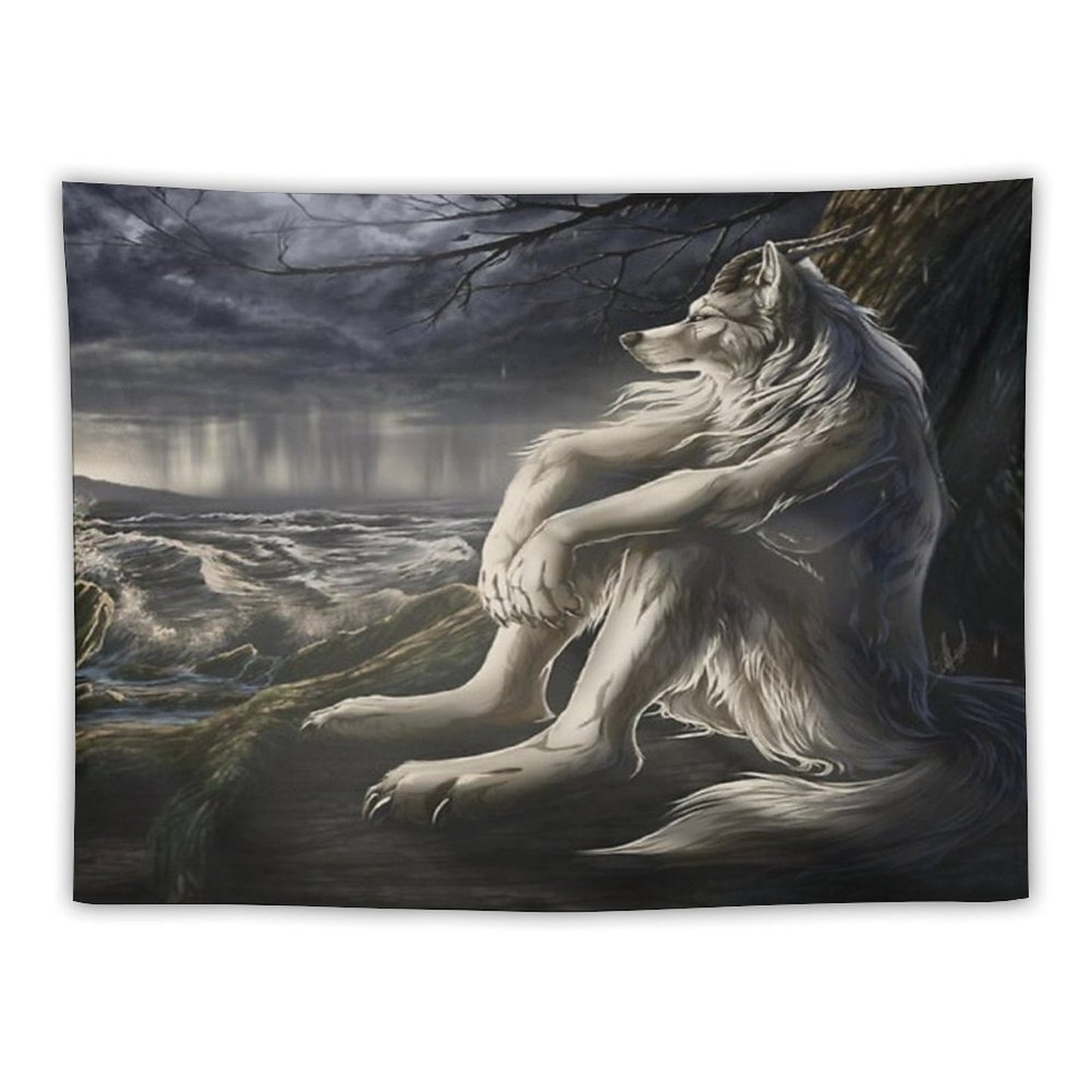 Emo White Wolf Sitting Sad Meme Tapestry