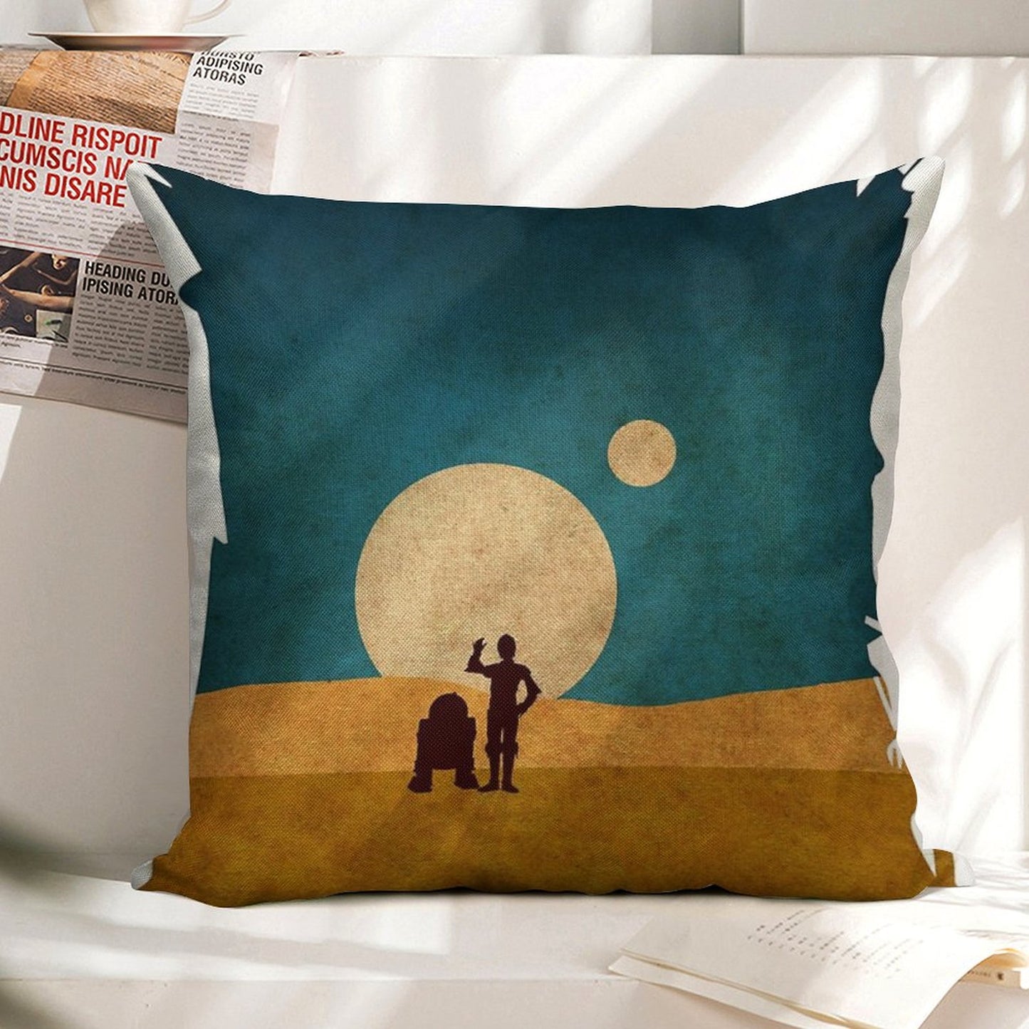 Droids In The Dunes Linen Throw Pillow Cover