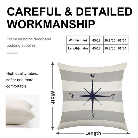 Nautical Navy Blue Compass On Silver Gray And White Stripes Linen Throw Pillow Cover