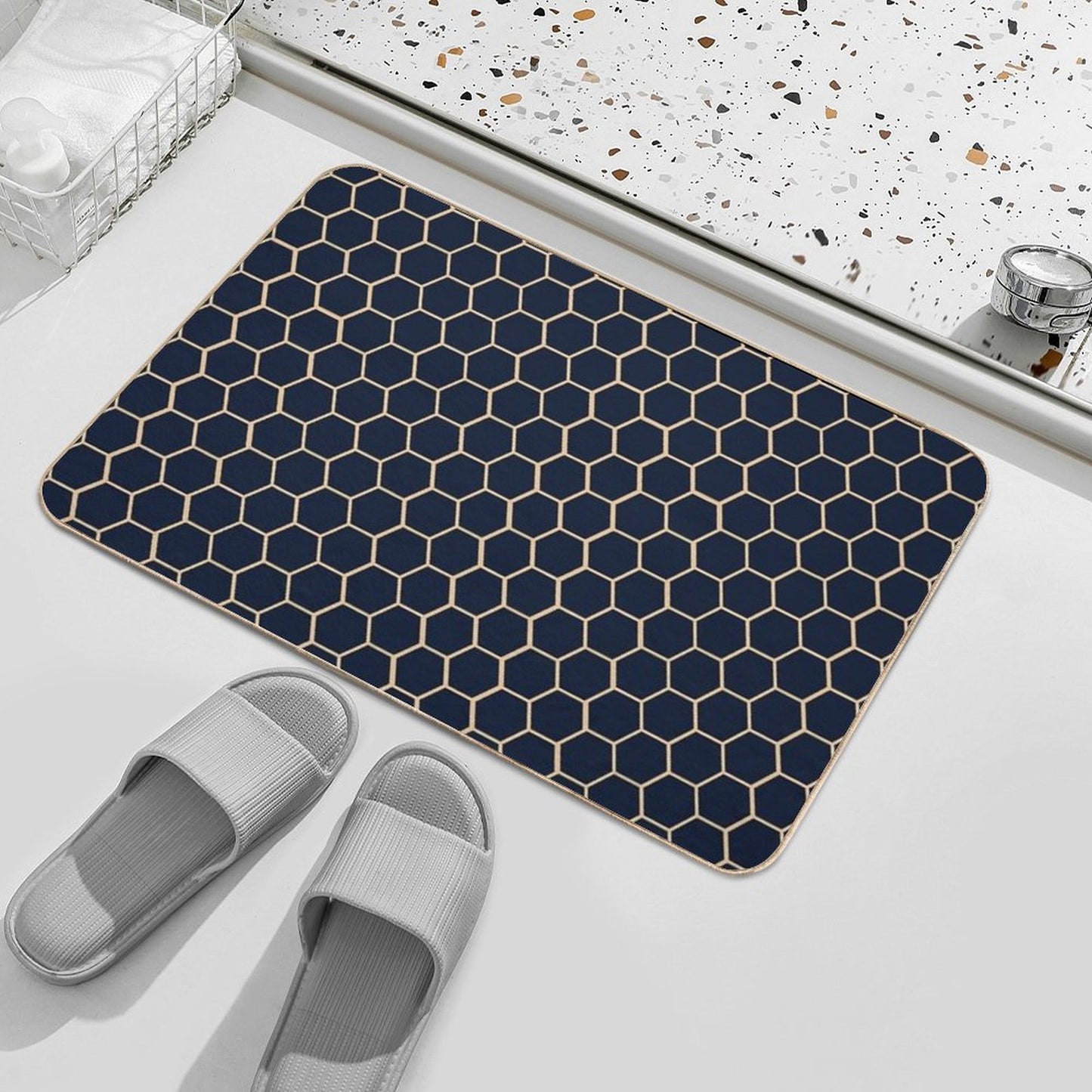 Geometric Light Yellow And Dark Blue Honeycomb Pattern Bath Mat