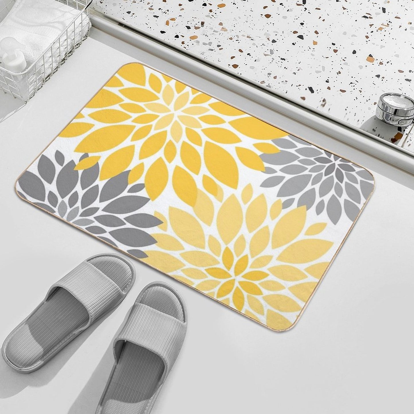 Yellow And Gray Dahlia Floral Pattern Bath Mat