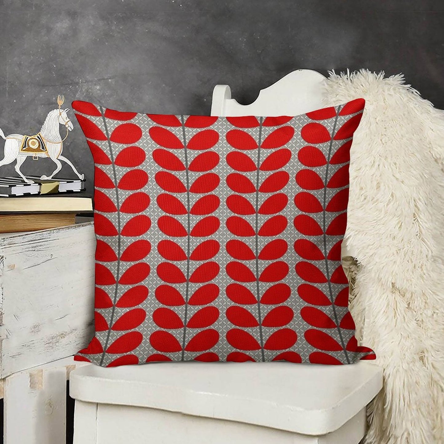 Mid-Century Danish Leaves, Deep Red And Gray Linen Throw Pillow Cover