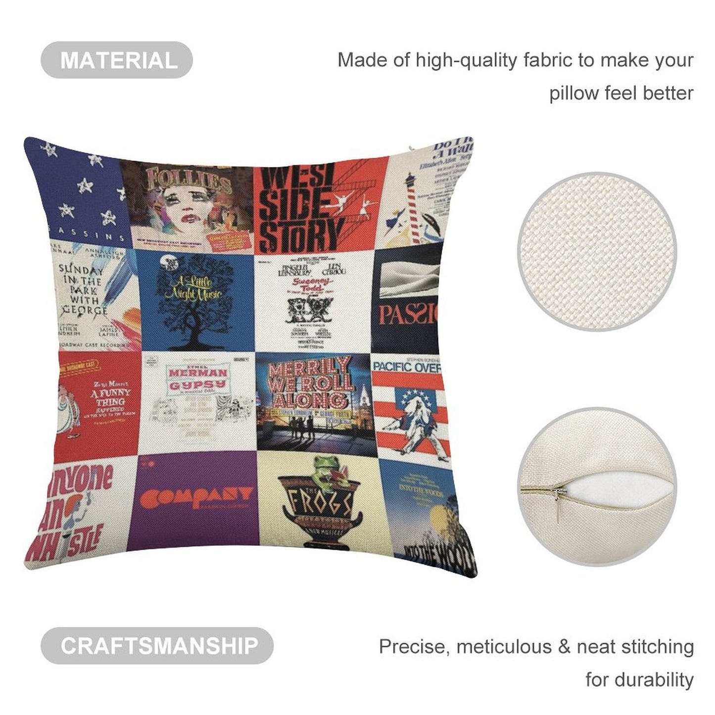 Sondheim Collage Linen Throw Pillow Cover
