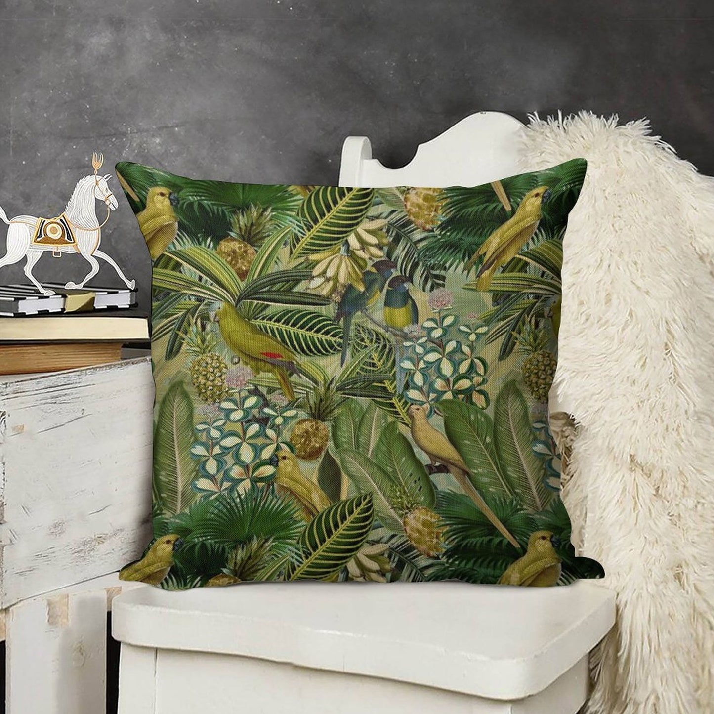 Vintage Green Tropical Bird Jungle Botanical Night Garden Nightgarden Linen Throw Pillow Cover