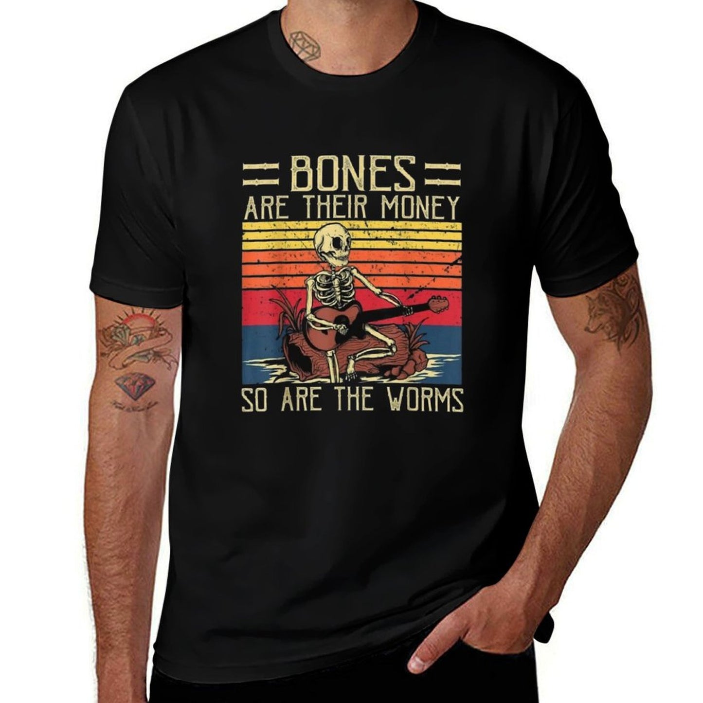 Bones Are Their Money Skeleton Playing Guitar Retro Vintage Moisture-wicking T-Shirt
