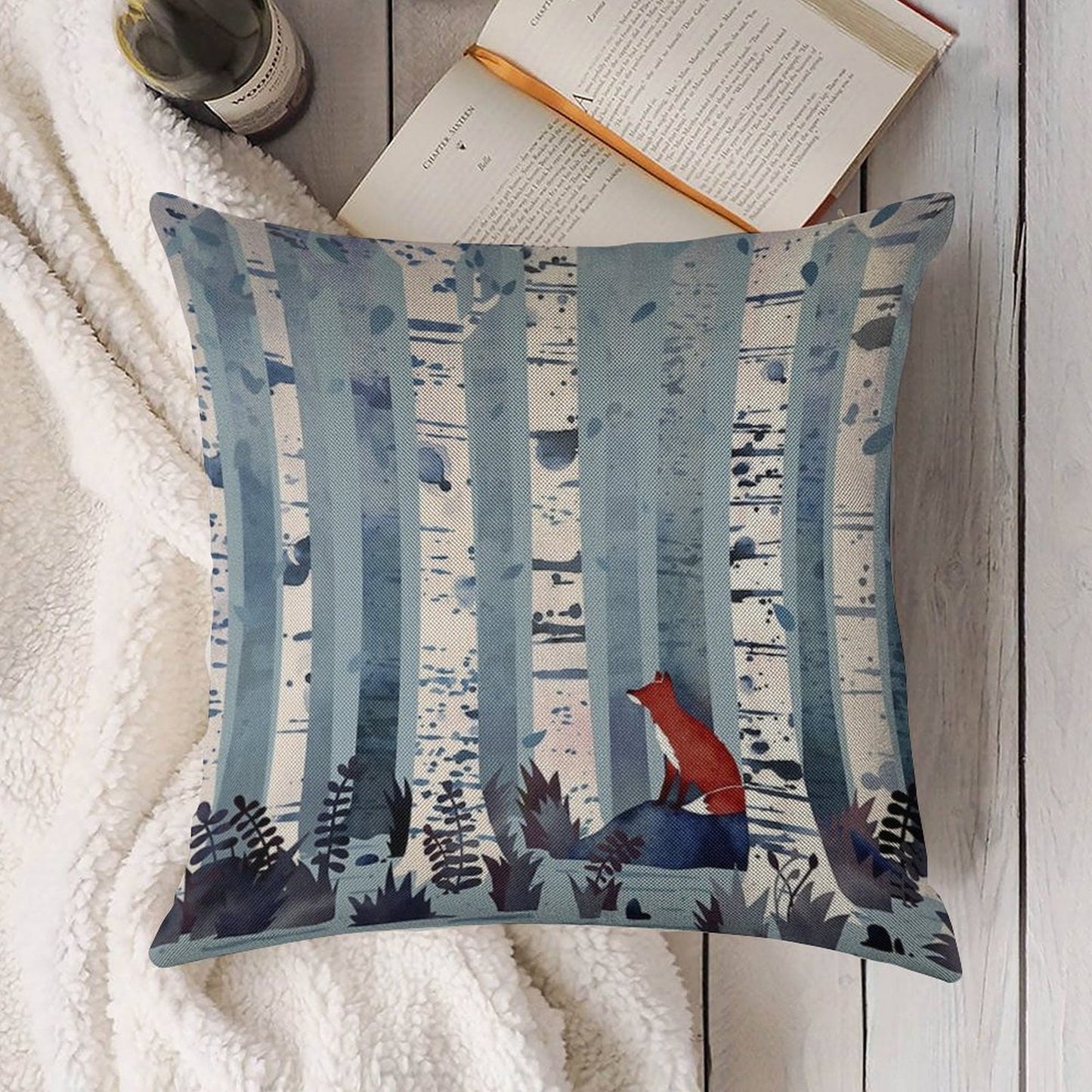 The Birches (in Blue) Linen Throw Pillow Cover