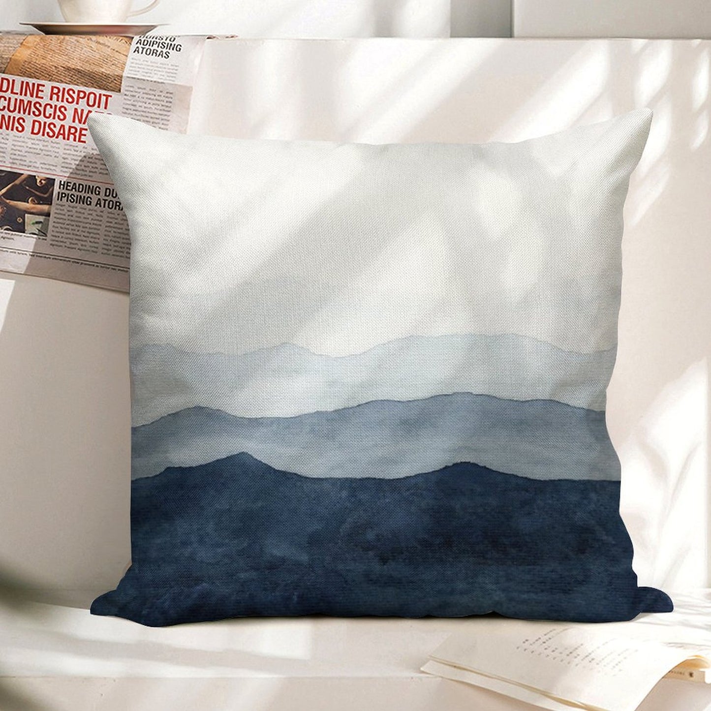 Mountains Ombre  Indigo Abstract Watercolor Linen Throw Pillow Cover