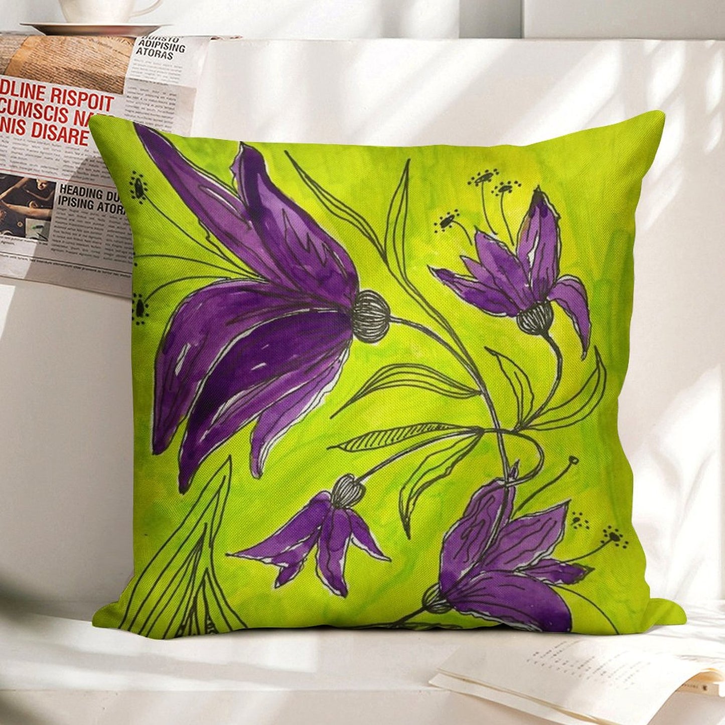 Botanical Lime Green And Purple Linen Throw Pillow Cover