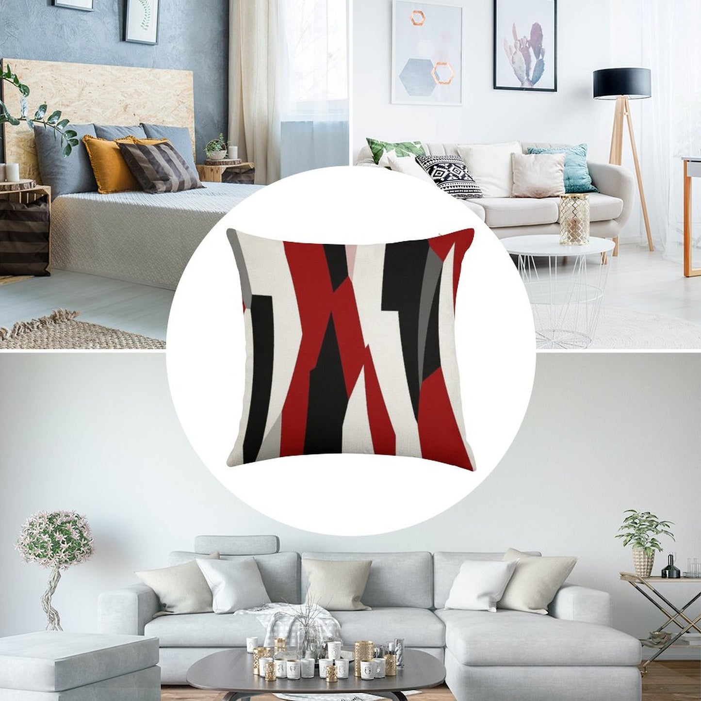 Red Black And White Abstract Linen Throw Pillow Cover