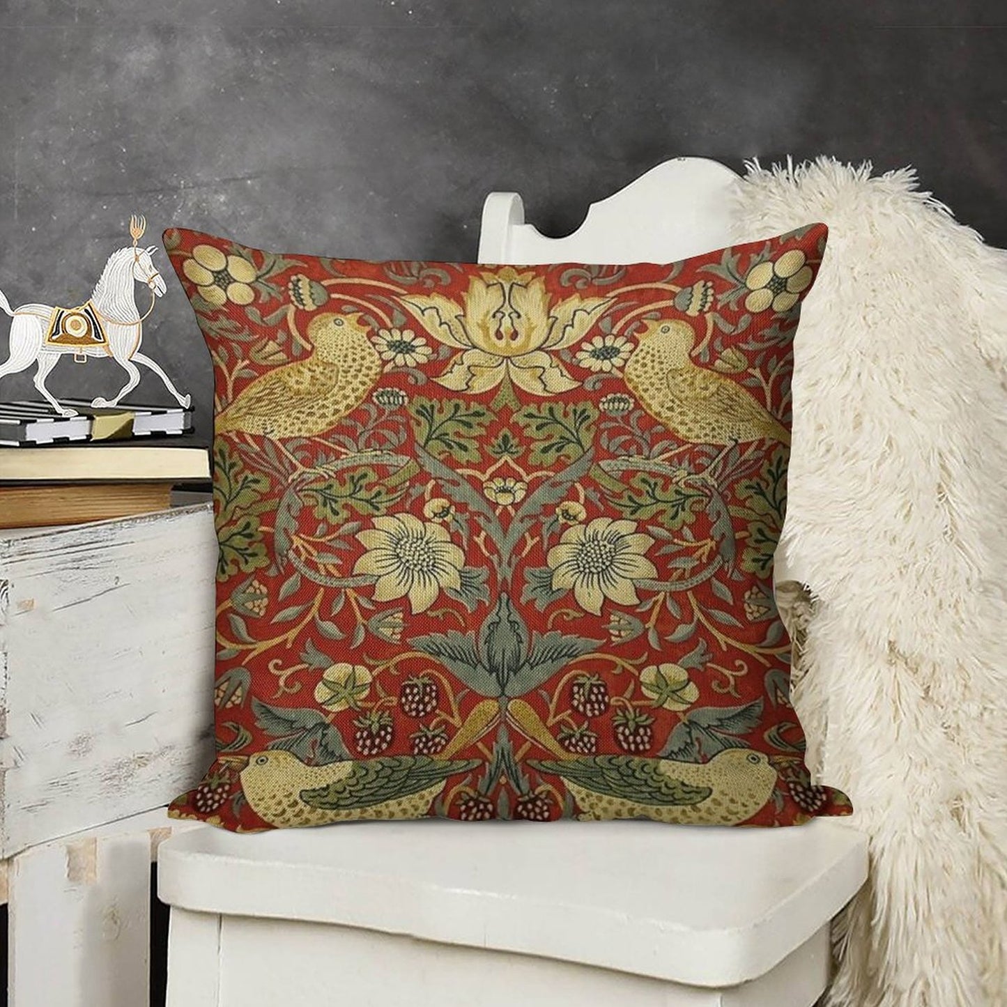 William Morris Birds Floral,red Linen Throw Pillow Cover