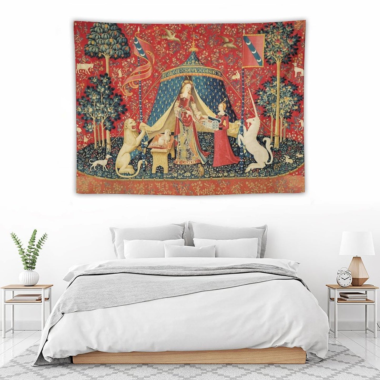 LADY AND THE UNICORN DESIRE ,Lion,Fantasy Flowers,Animals,Red Green Floral Tapestry Tapestry
