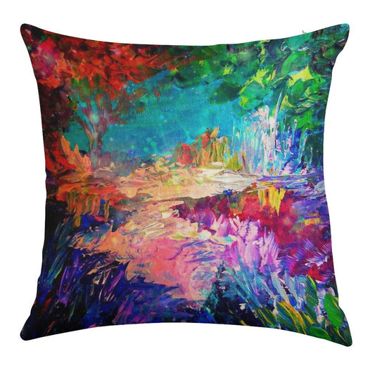 WELCOME TO UTOPIA Bold Rainbow Multicolor Abstract Painting Forest Nature Whimsical Fantasy Fine Art Linen Throw Pillow Cover