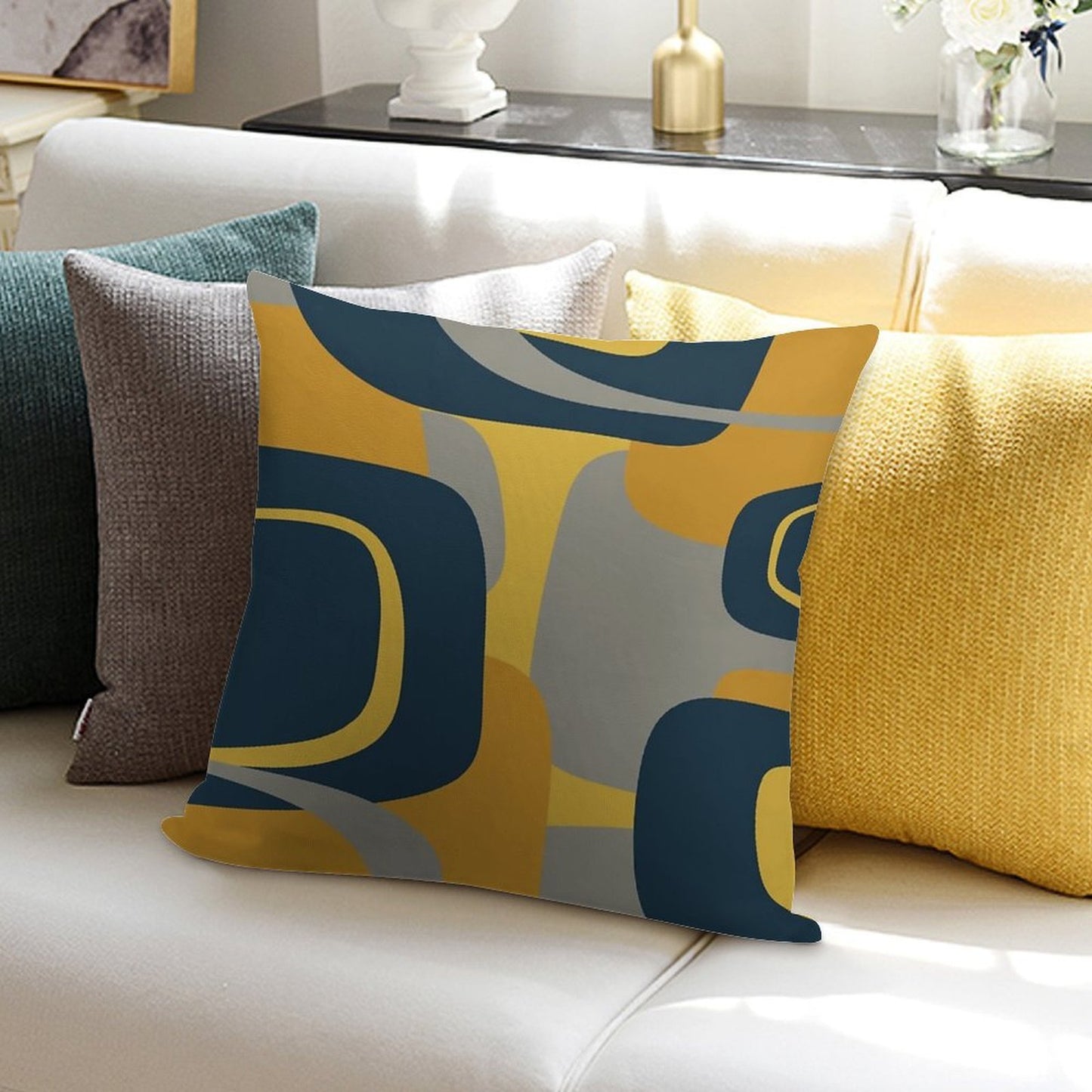 Mid Century Modern Retro Abstract Pattern in Navy Blue, Mustard Yellow, And Gray Soft Anti-Pilling Throw Pillow