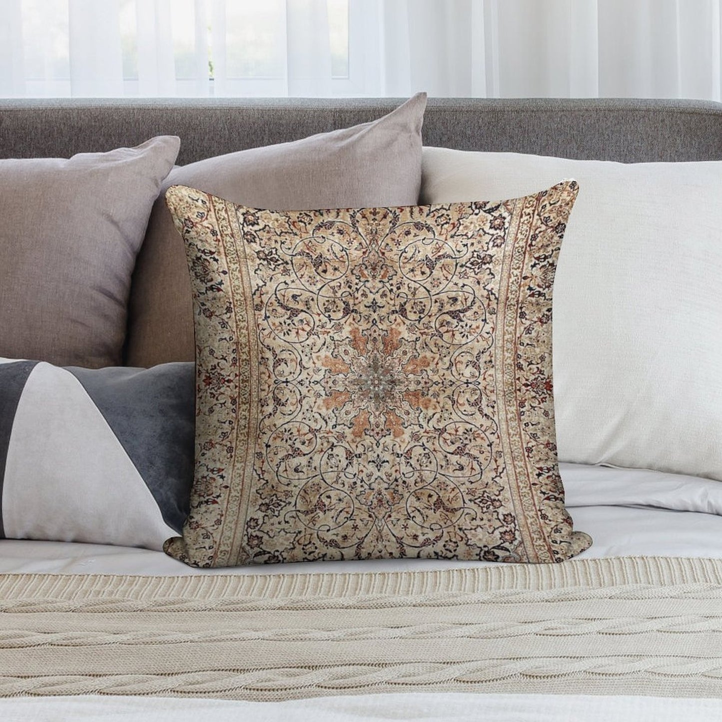 Silk Esfahan Persian Carpet Print Soft Style Accent Throw Pillow