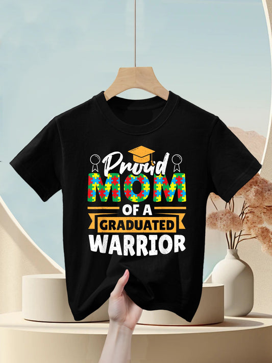 Proud Mom Of A Graduated Warrior Autism Awareness Graduation Kids T-Shirt