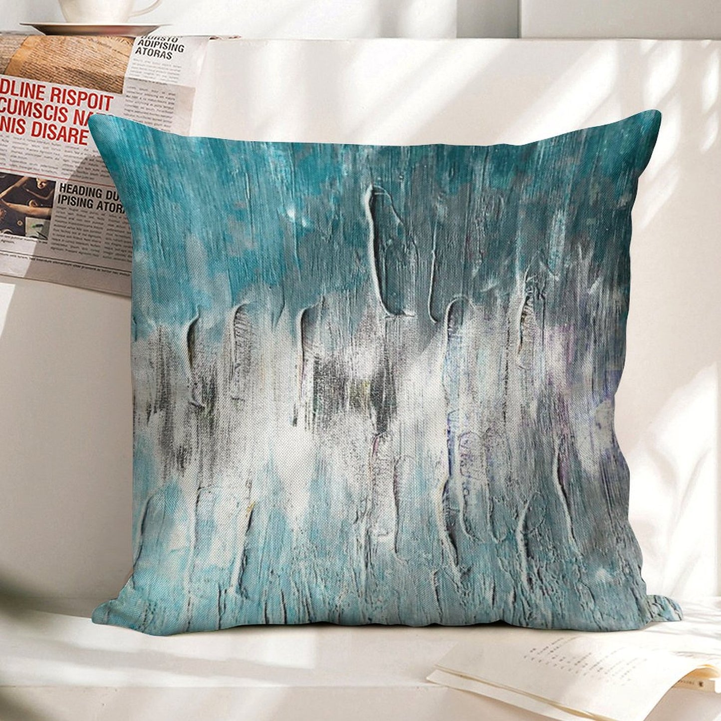 Ocean Teal And Blue Waves Abstract Linen Throw Pillow Cover