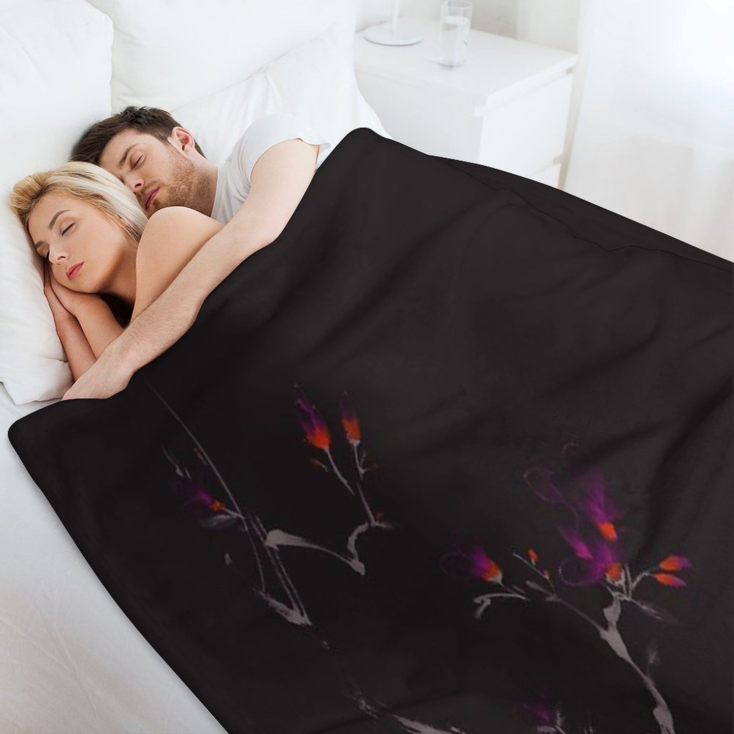 Enchanting Oriental Artwork of A Budding Sakura Branch with Deep Violet Flowers Art Print Throw Blanket