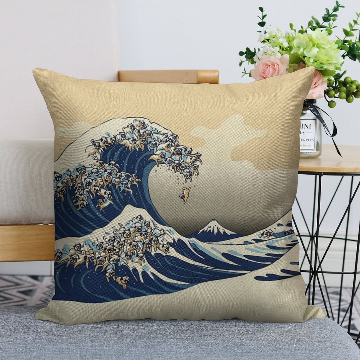 The Great Wave of Pugs Vanilla Sky Linen Throw Pillow Cover