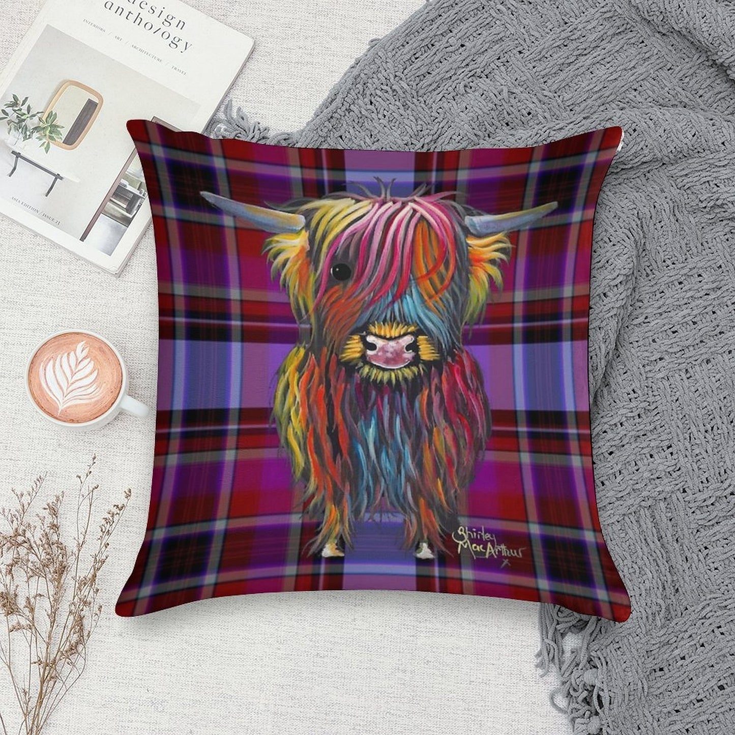 SCoTTiSH HiGHLaND CoW ' TaRTaN BRaVe ONe ' by SHiRLeY MacARTHuR Soft Ultra-Soft Texture Throw Pillow