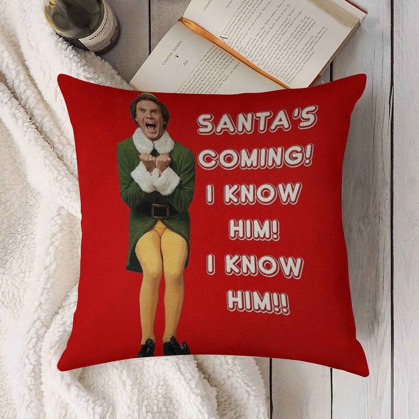 SANTA'S COMING! I KNOW HIM! Elf The Movie Will Ferrell Buddy Christmas Linen Throw Pillow Cover