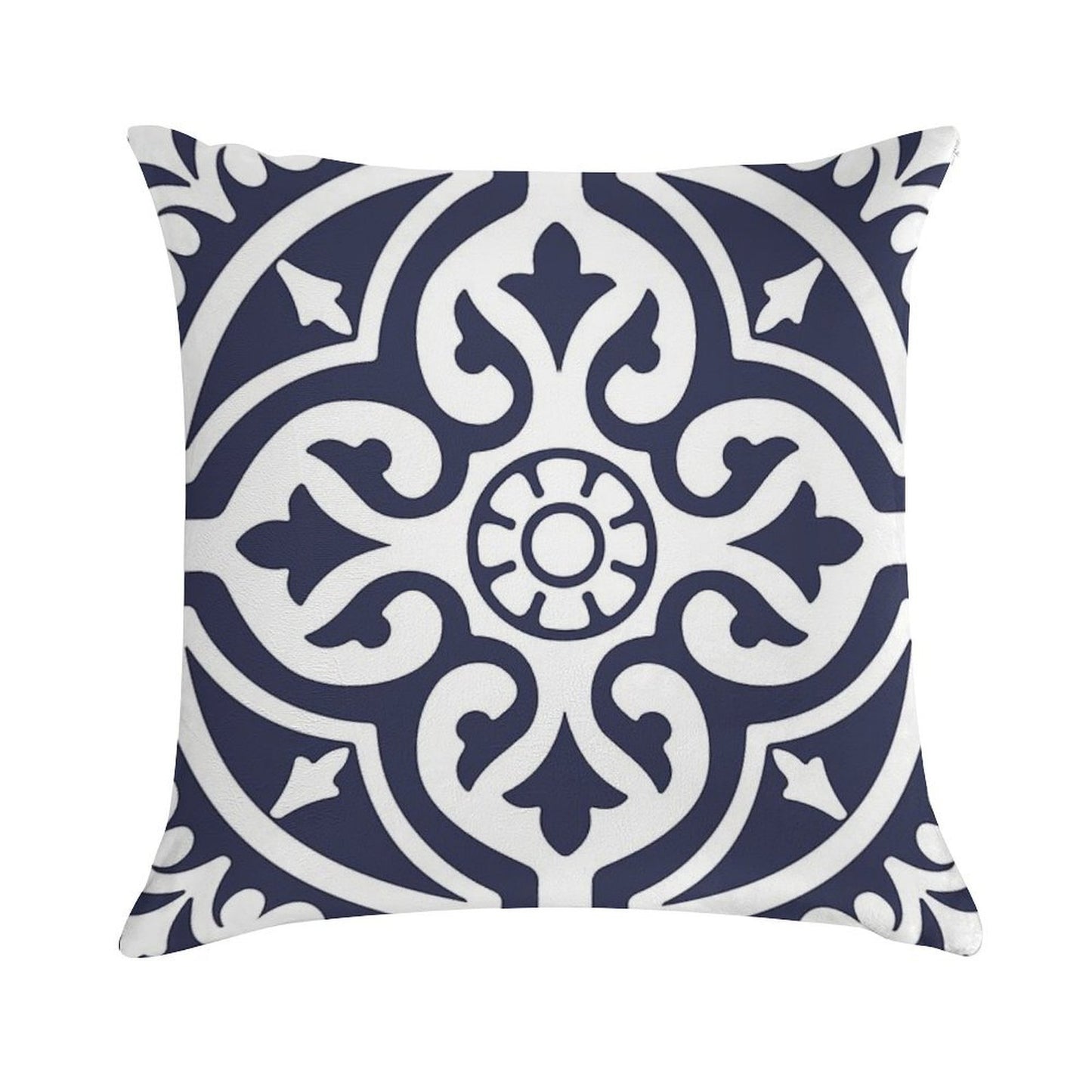 Hamptons Blue And White Moroccan Talavera Tile Soft Short Plush Fabric Throw Pillow