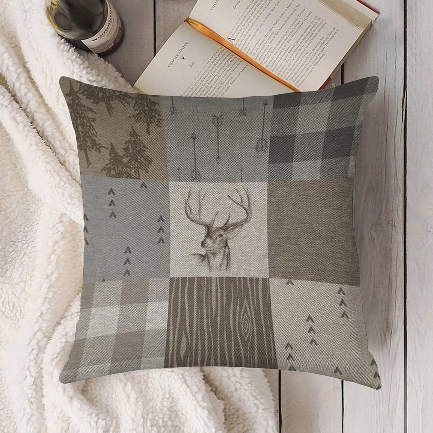 Deer Patchwork - Rustic Neutrals Linen Throw Pillow Cover