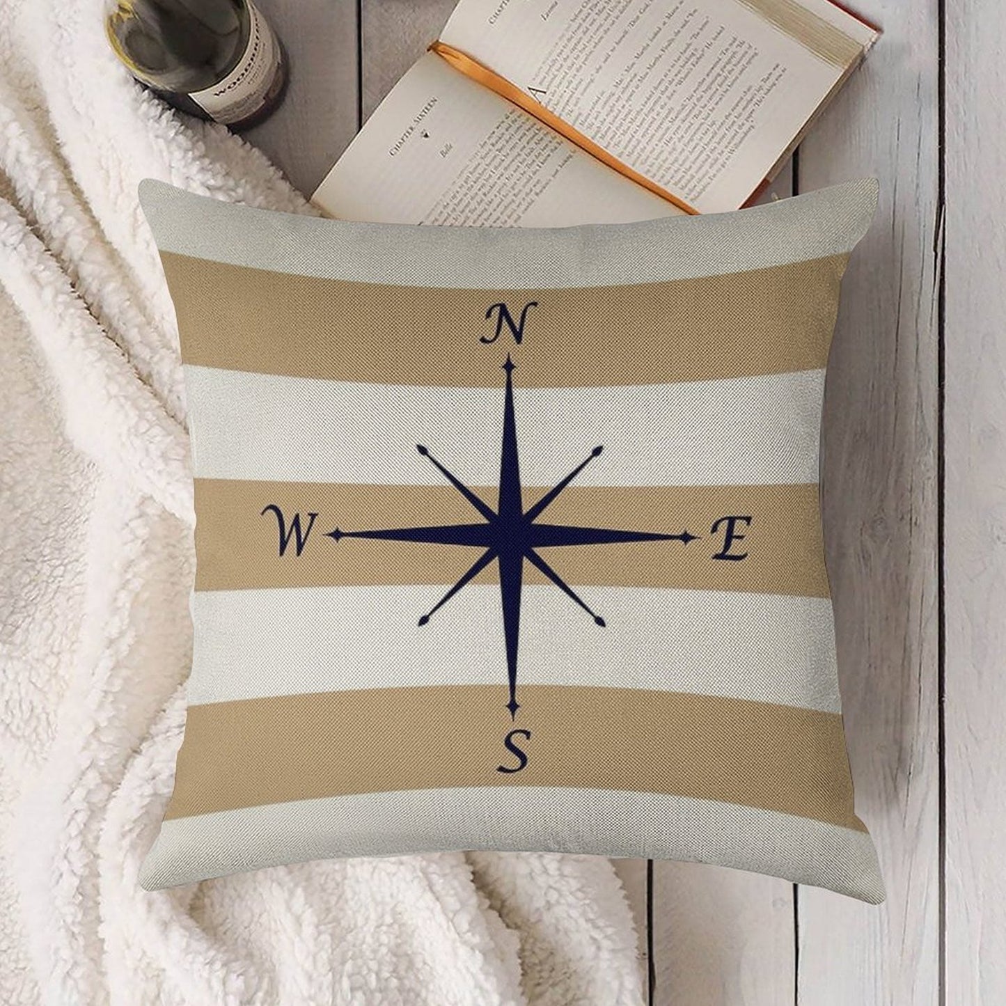 Nautical Navy Blue Compass On Tropical Tan And White Stripes Linen Throw Pillow Cover