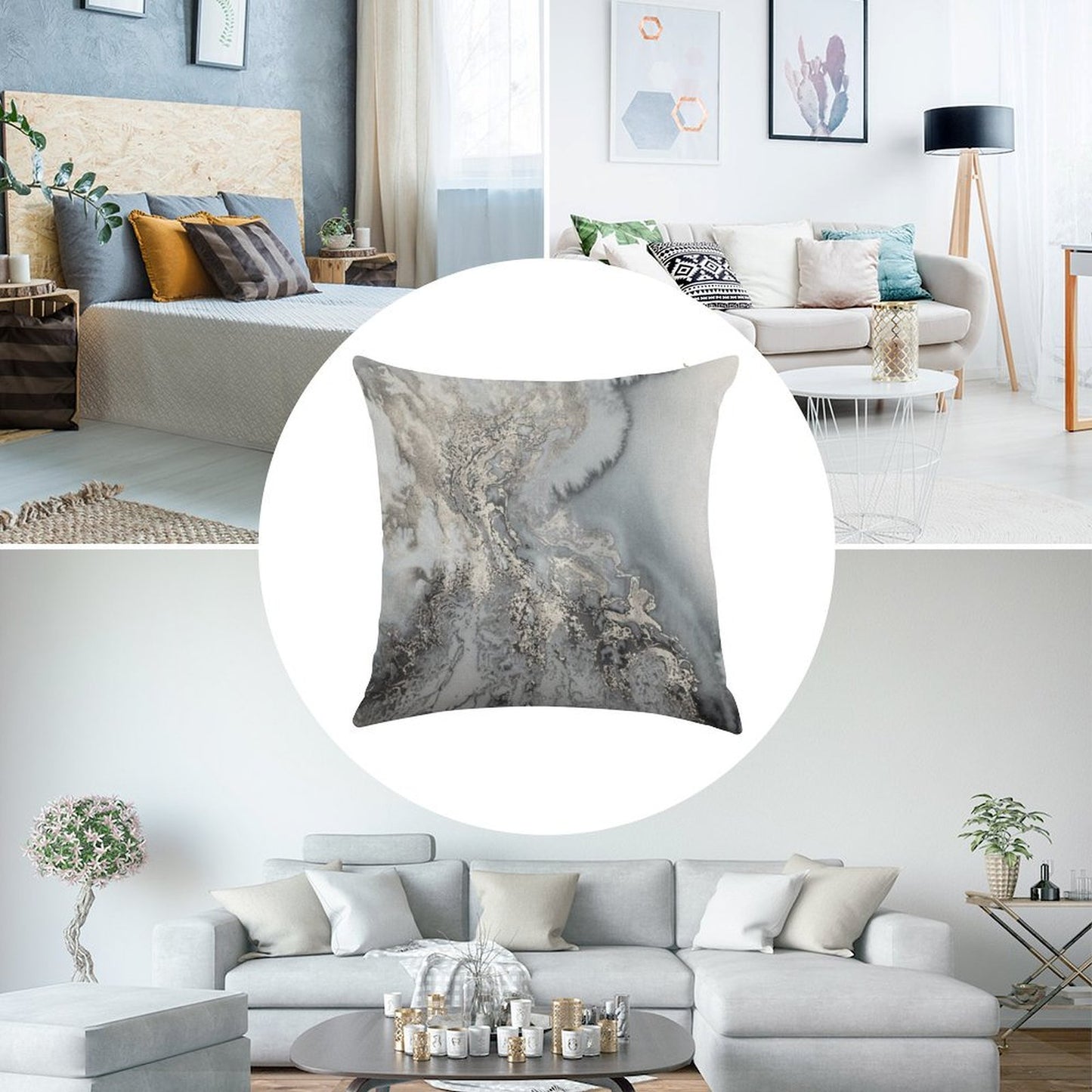 Gray Silver Snow Marble Print Linen Throw Pillow Cover