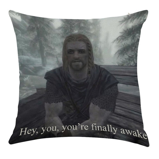 Hey You’re Finally Awake Linen Throw Pillow Cover
