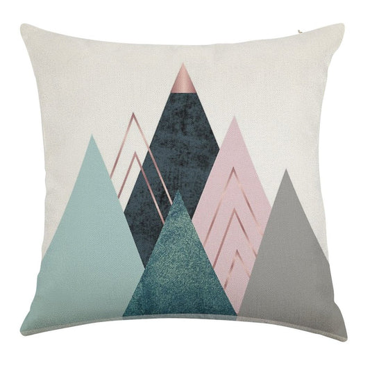 Abstract Minimalist Mountain - Pink, Teal And Blue Linen Throw Pillow Cover