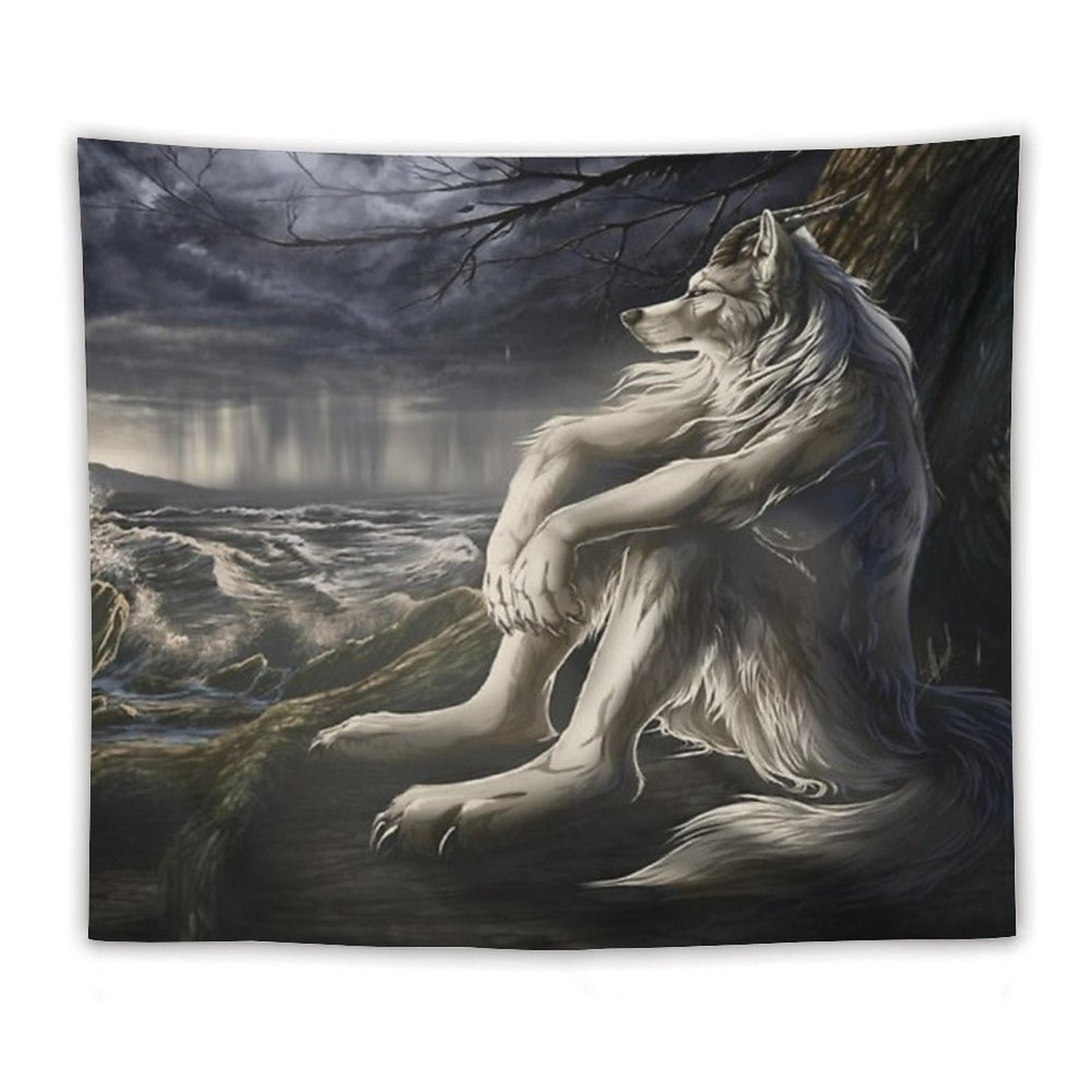 Emo White Wolf Sitting Sad Meme Tapestry