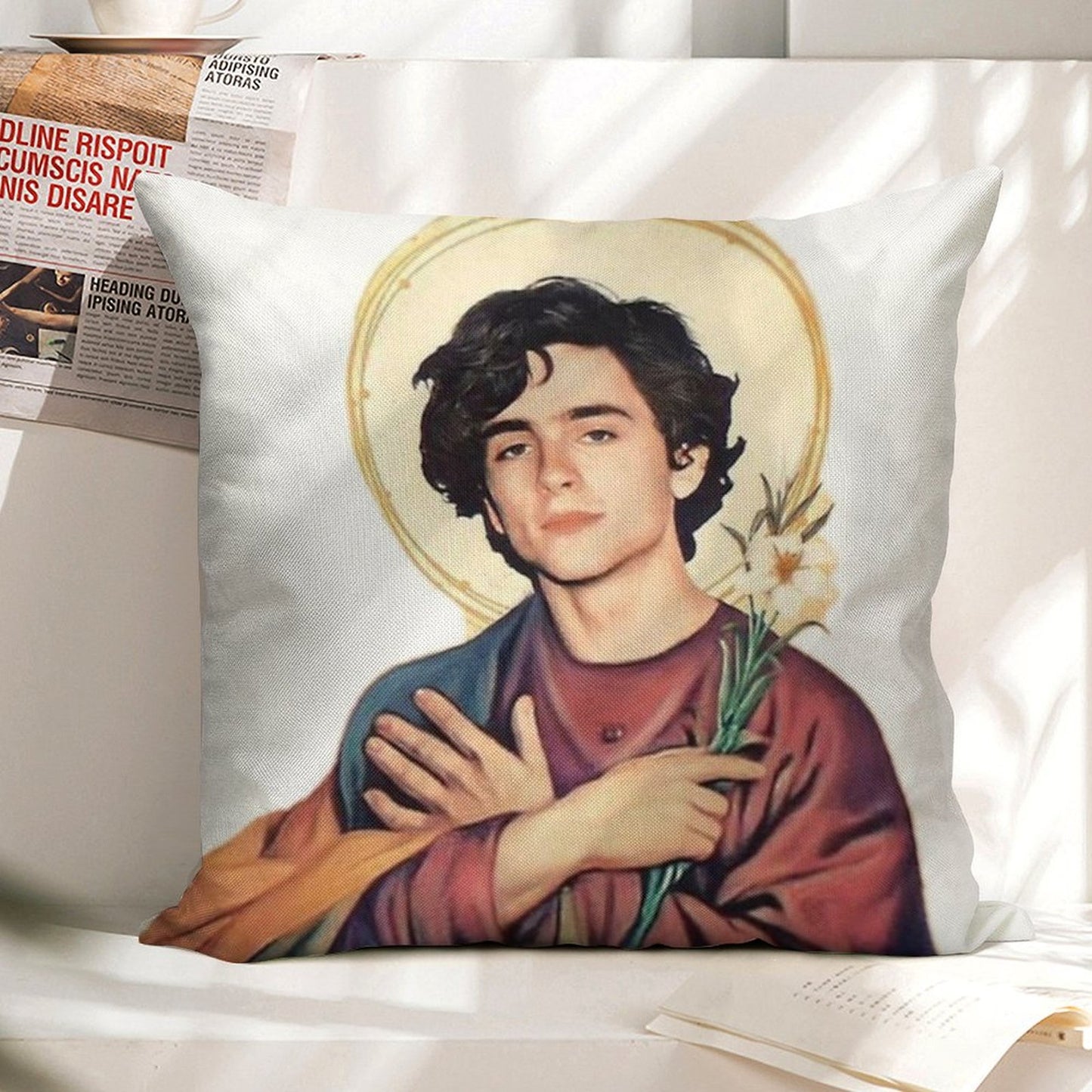 Timothee Chalamet SaintGod Sticker Linen Throw Pillow Cover