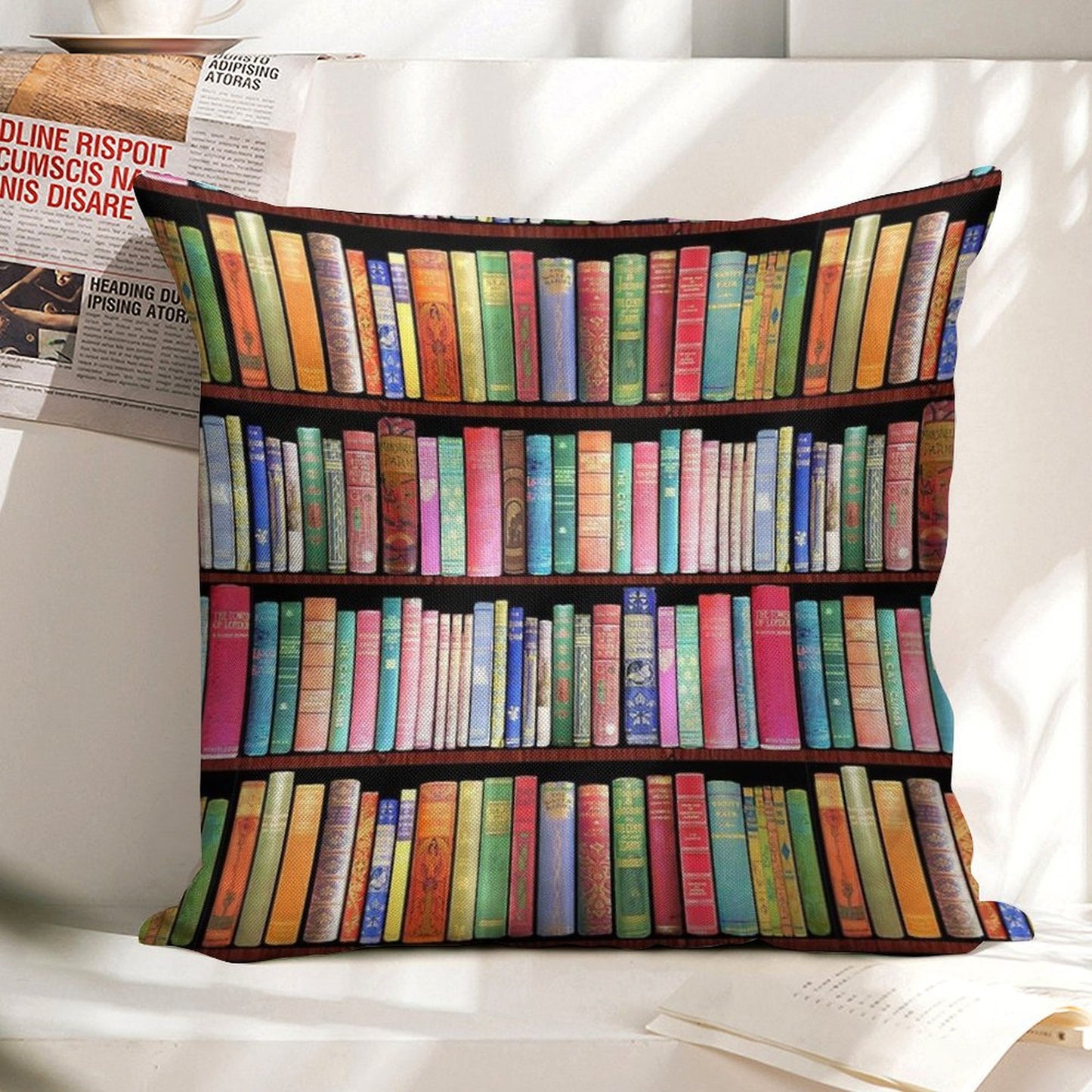 Bookworm Antique Book Library, Vintage Book Shelf Linen Throw Pillow Cover