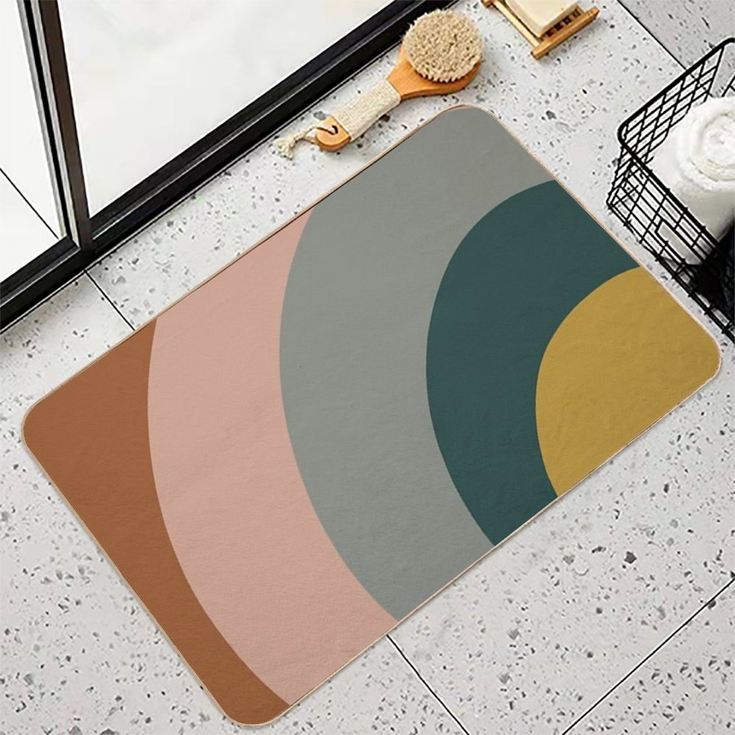 Sound Waves Minimalist Pattern in Mustard Yellow, Teal, Grey, Blush Pink, And Rust Bath Mat