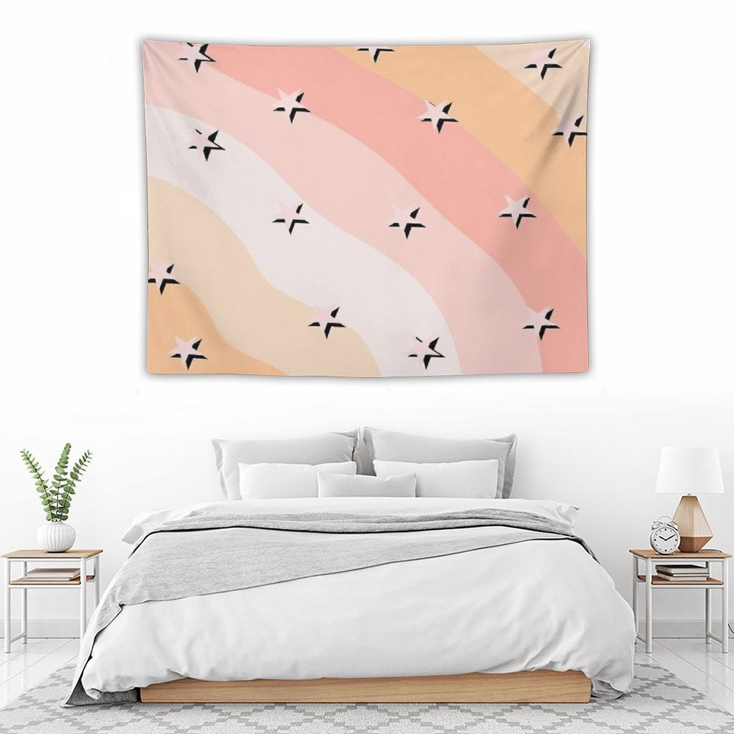 Peach Clouds & Stars Striped Pattern Tapestry
